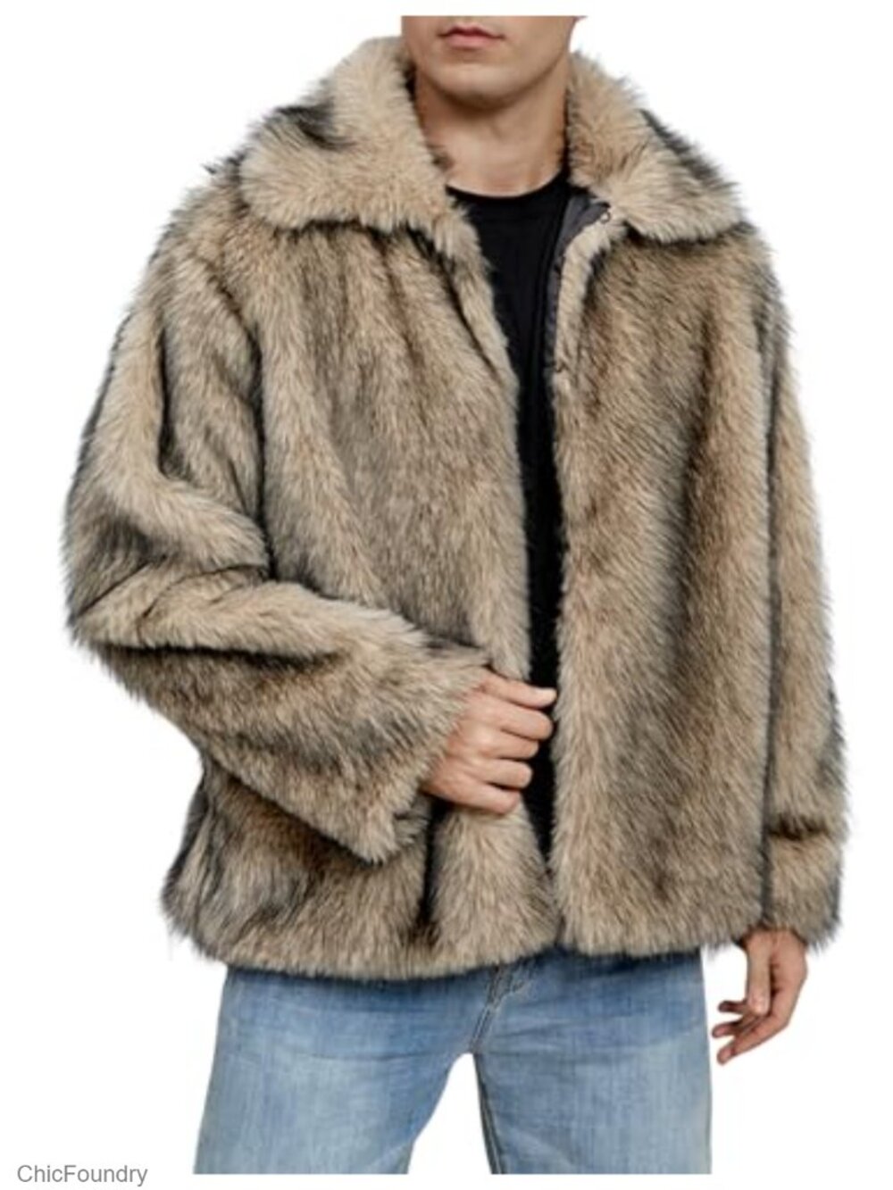 Men's Faux Fur Coat Winter Luxury Fluffy Jacket Warm Lapel Collar Furry Parka